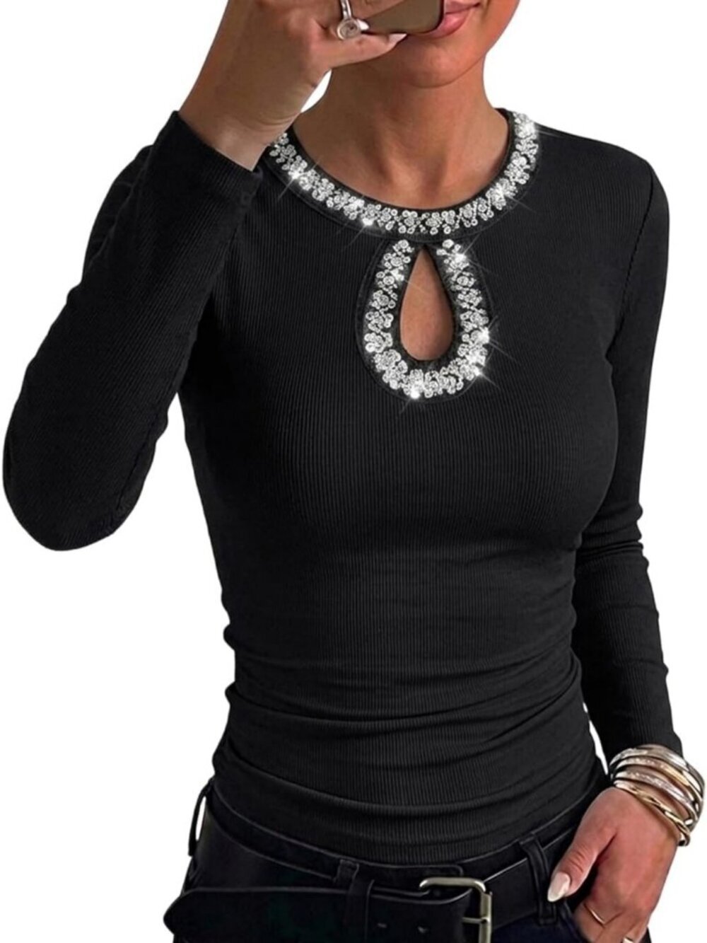 Sparkly Long Sleeve Sequin Top with Keyhole Neck | Ribbed Shirt for Party